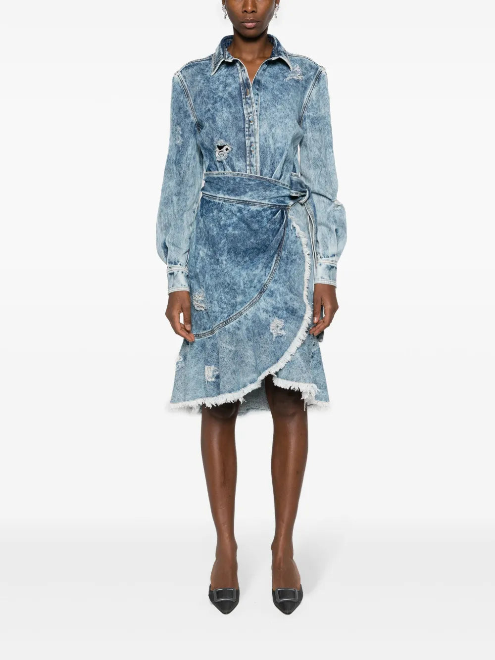 Wraparound Distressed-Denim Dress