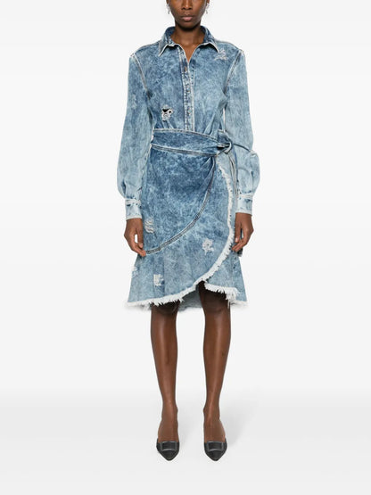 Wraparound Distressed-Denim Dress