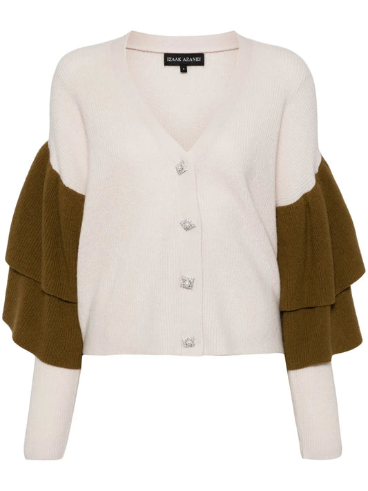 Ruffled-Sleeve V-Neck Cardigan