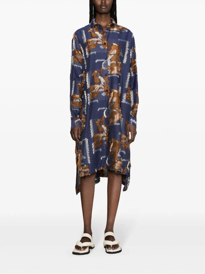 Tape Bird-Pattern Midi Dress