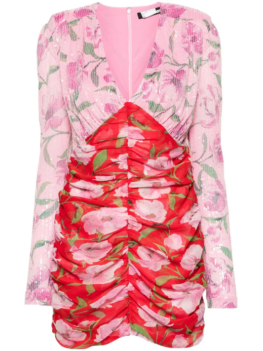 Floral-Print Sequined Mini Dress