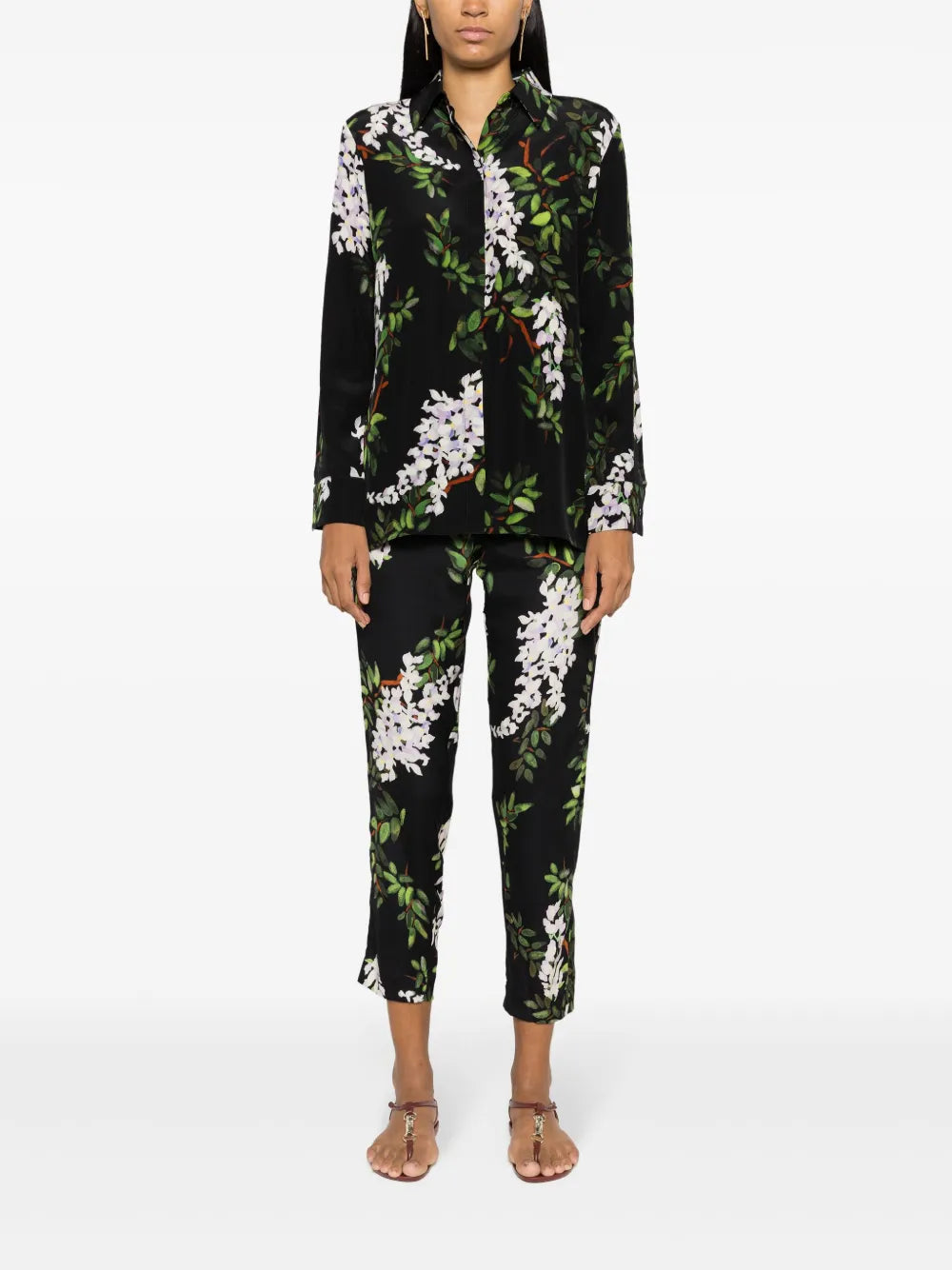 Floral-Print Silk Trousers