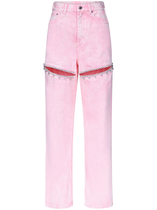 Crystal-Embellished High-Rise Straight-Leg Jeans