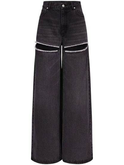Crystal-Embellished High-Rise Wide-Leg Jeans