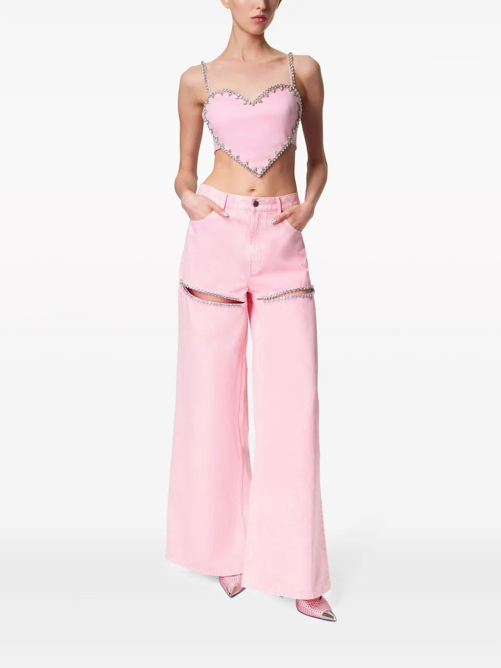Crystal-Embellished High-Rise Wide-Leg Jeans