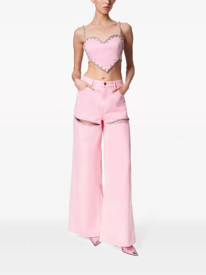 Crystal-Embellished High-Rise Wide-Leg Jeans