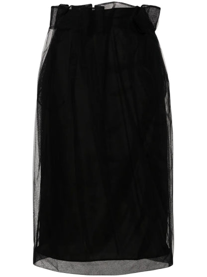 Draped-Waist Tulle Midi Skirt