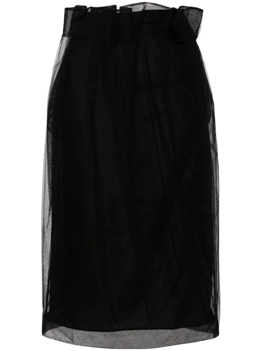 Draped-Waist Tulle Midi Skirt
