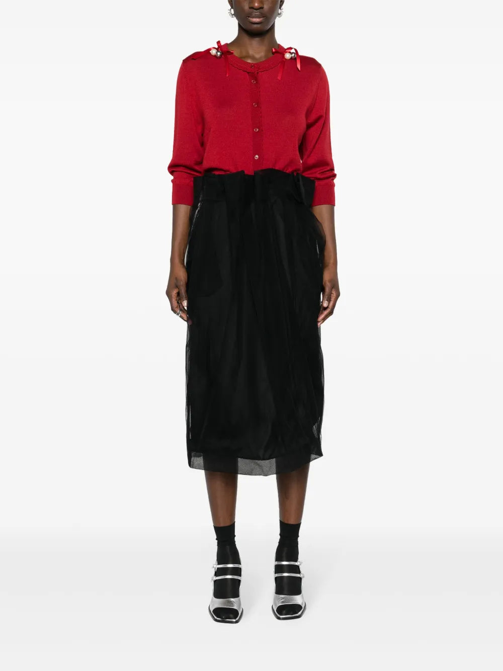 Draped-Waist Tulle Midi Skirt