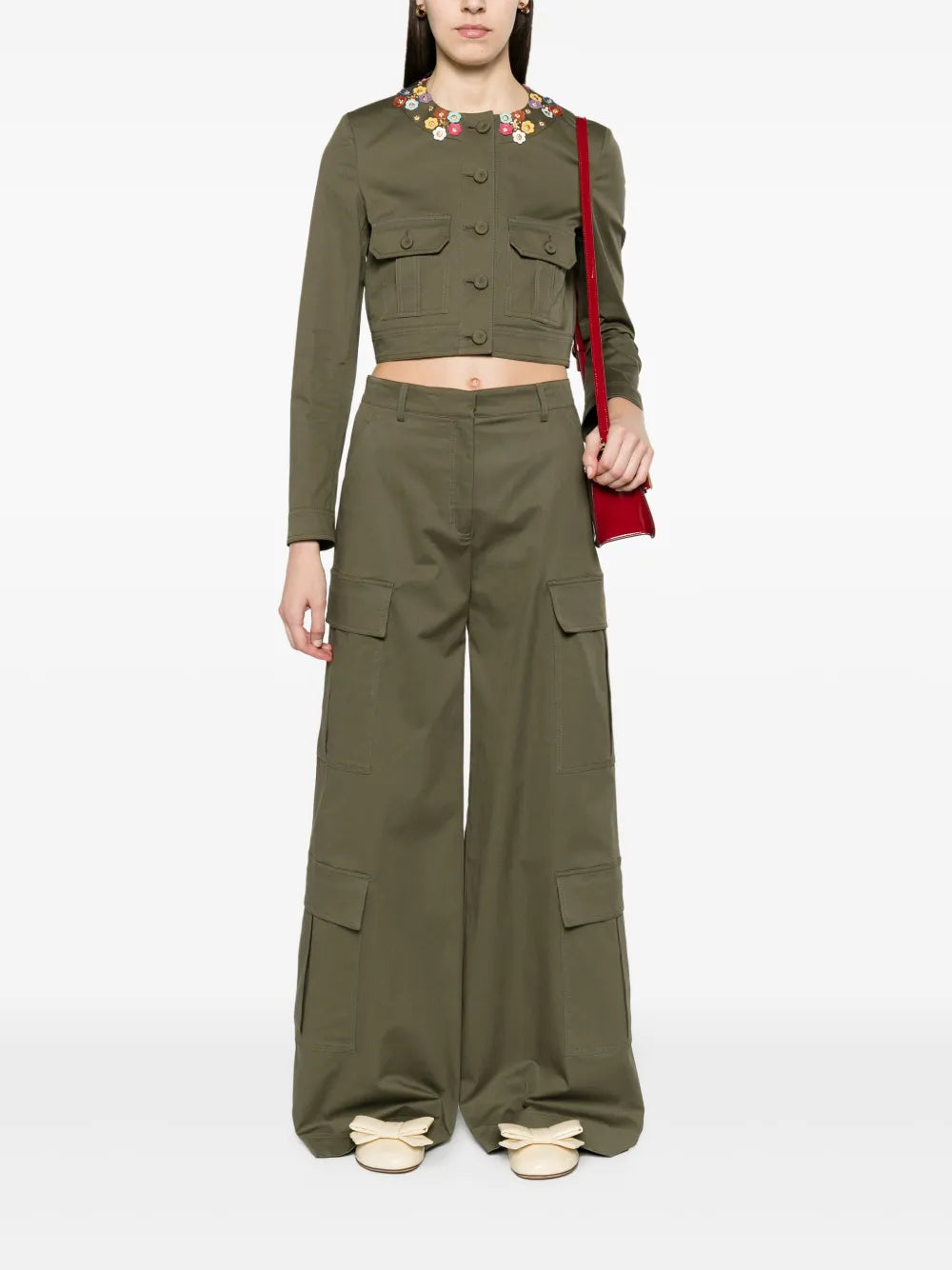 Floral-Appliqué Cropped Jacket