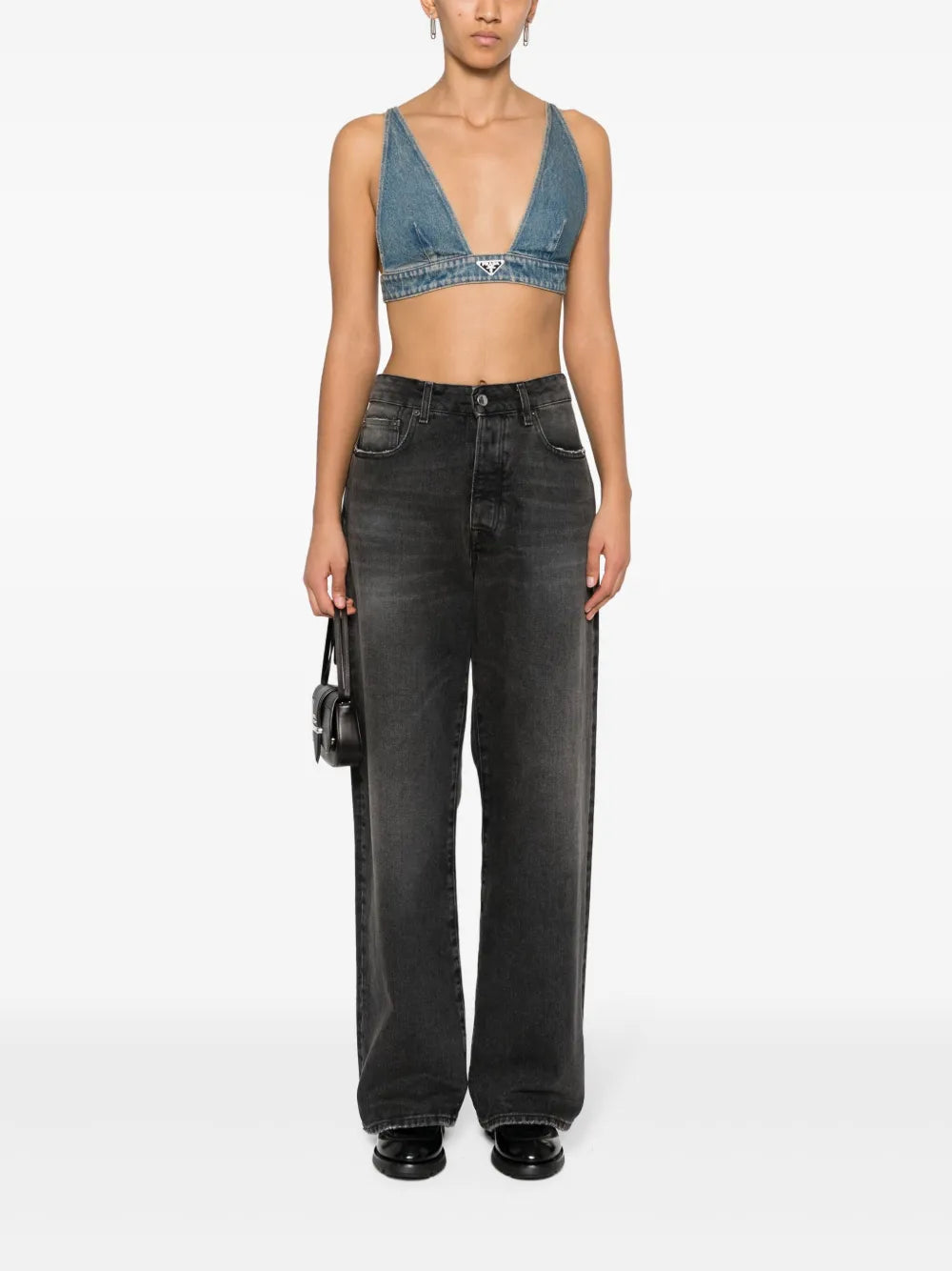 Triangle-Logo Denim Crop Top