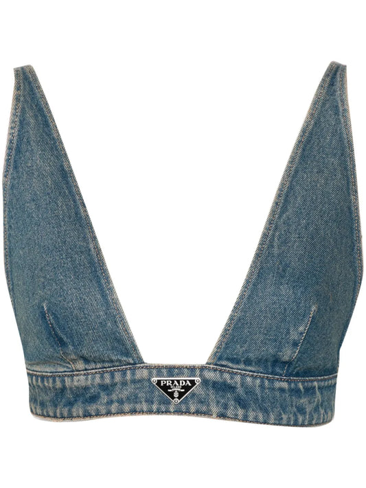 Triangle-Logo Denim Crop Top