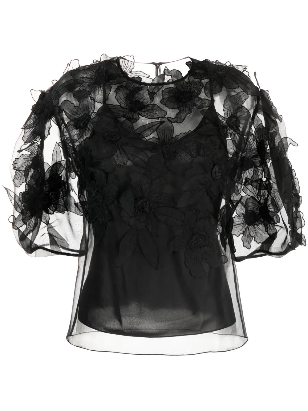 Floral-Appliqué Silk Blouse