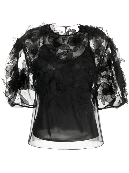 Floral-Appliqué Silk Blouse