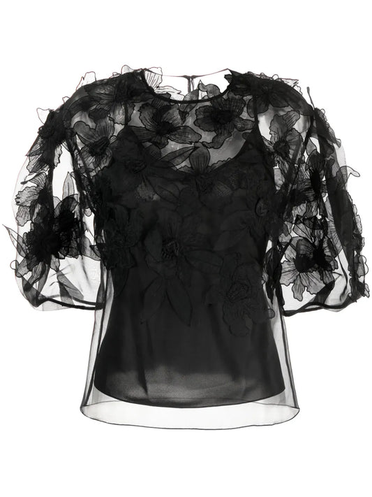 Floral-Appliqué Silk Blouse