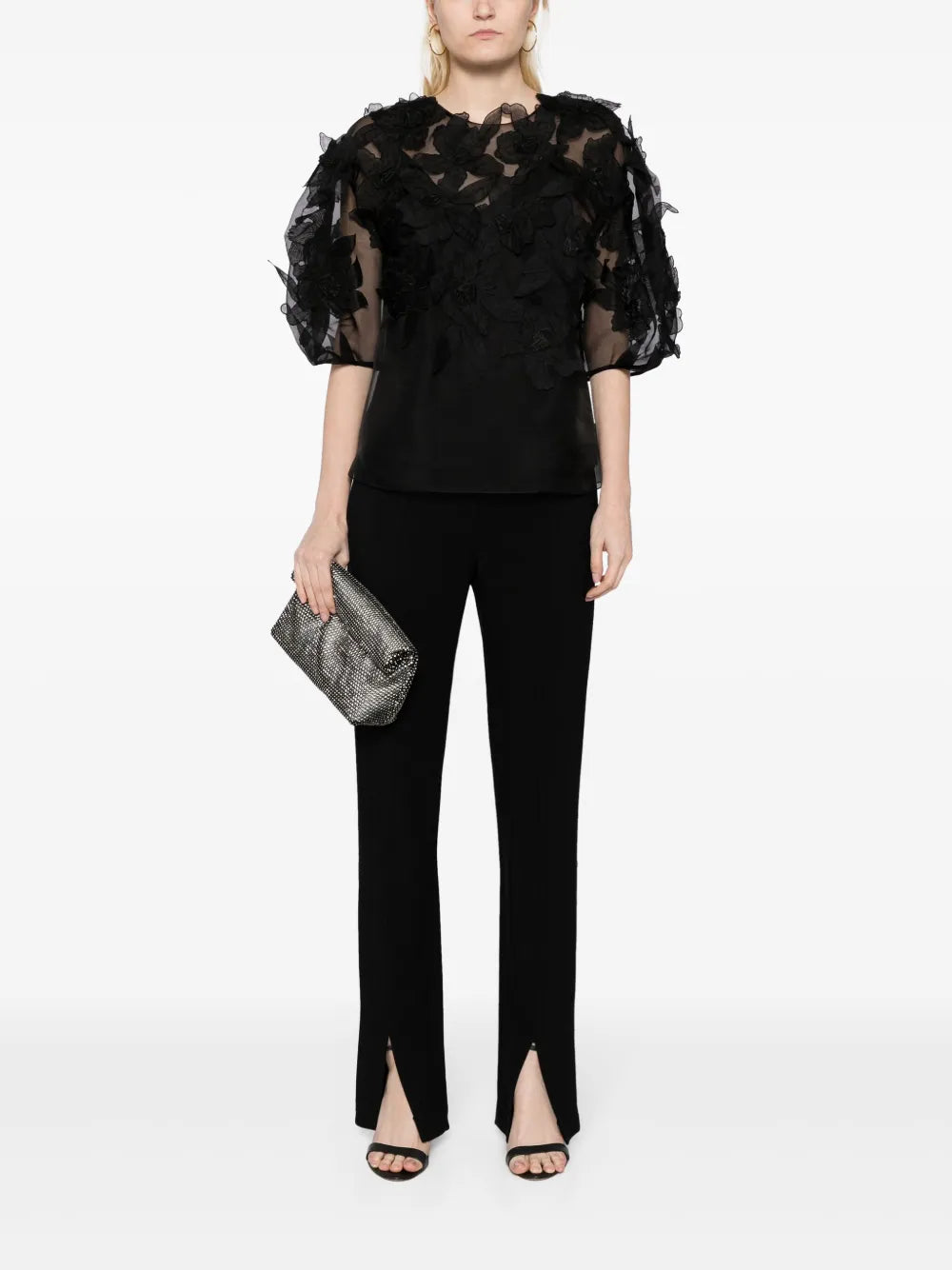 Floral-Appliqué Silk Blouse