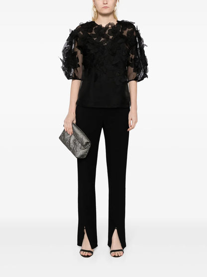 Floral-Appliqué Silk Blouse