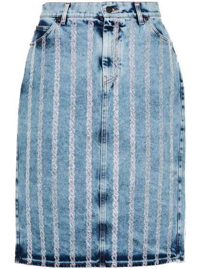 Rhinestone-Striped Midi Denim Skirt