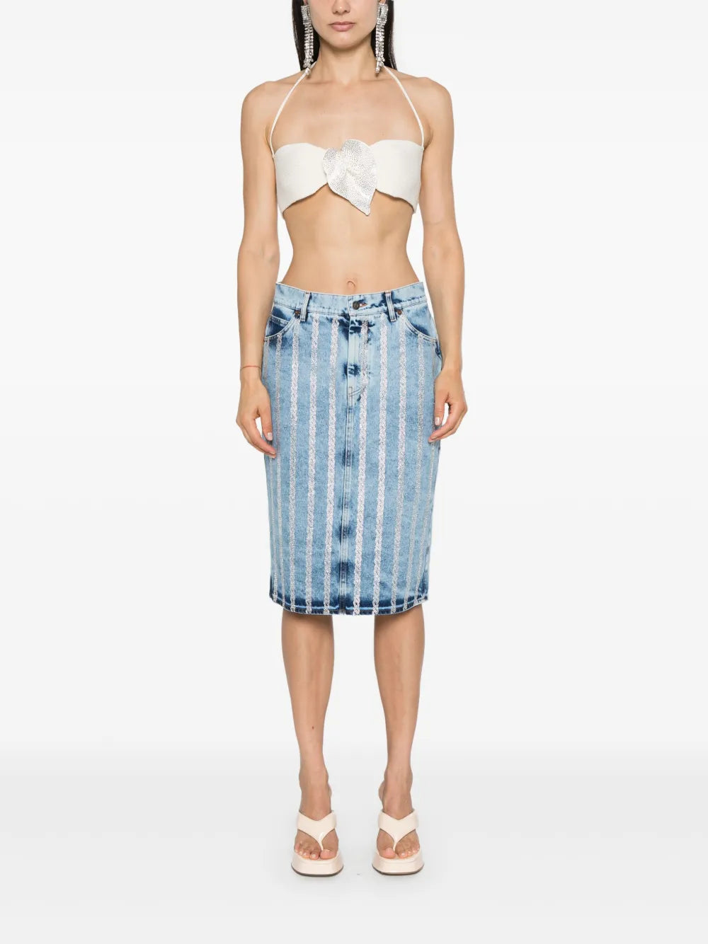 Rhinestone-Striped Midi Denim Skirt