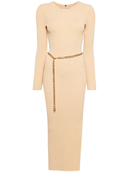 Chain-Belt Ribbed-Knit Midi Dress