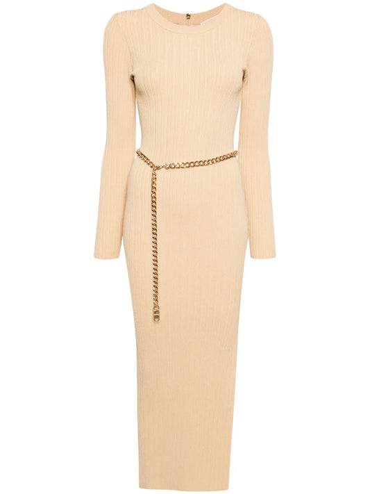Chain-Belt Ribbed-Knit Midi Dress