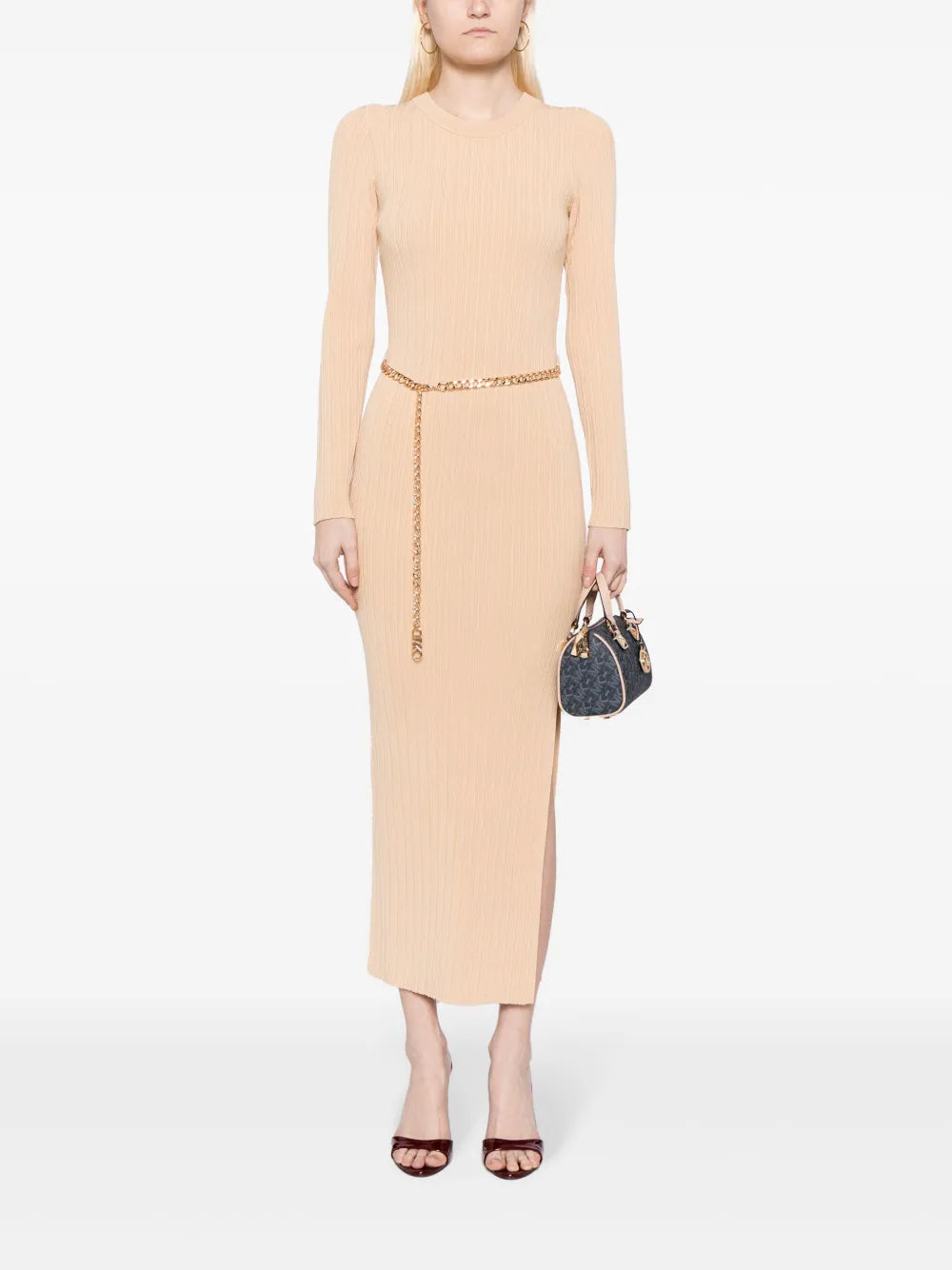 Chain-Belt Ribbed-Knit Midi Dress