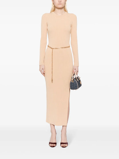 Chain-Belt Ribbed-Knit Midi Dress