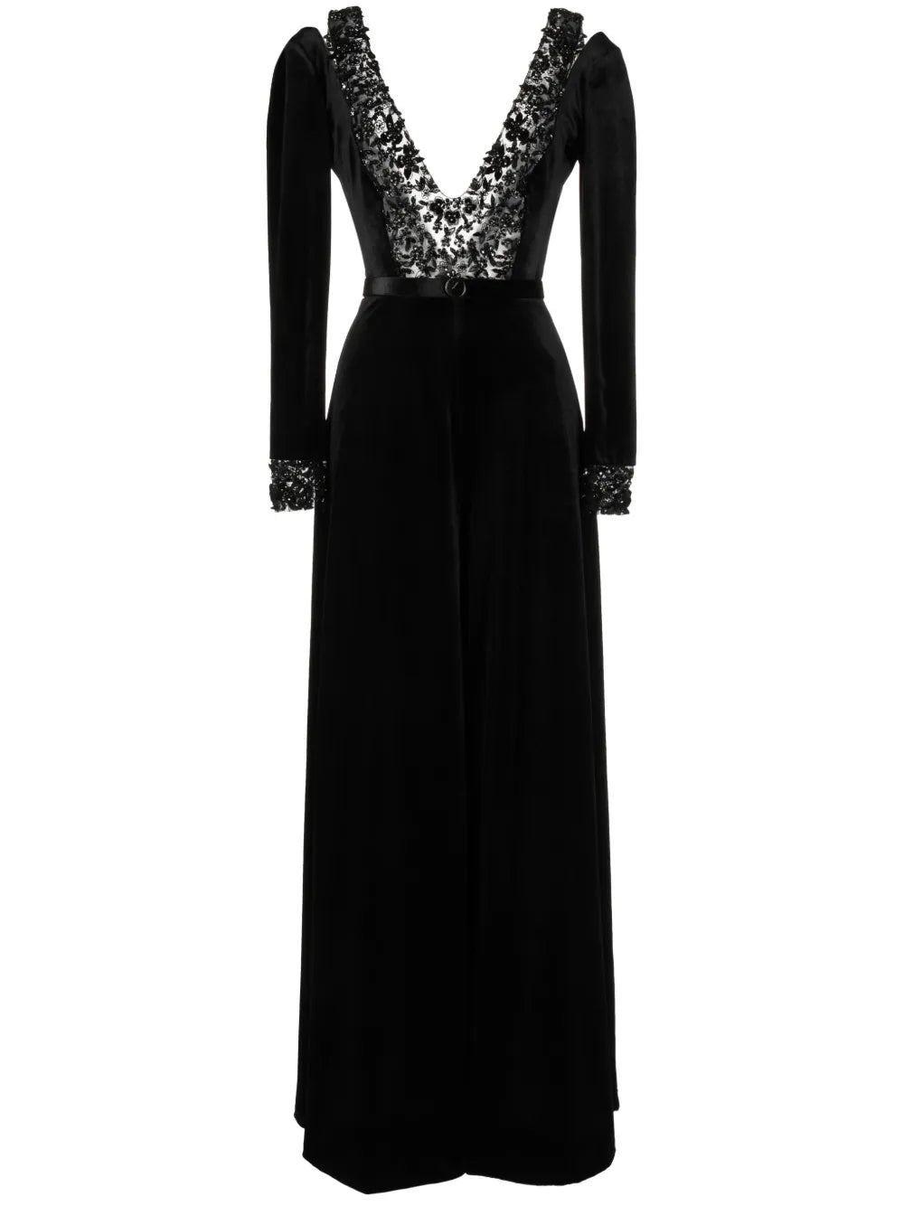 Beaded Velvet Wide-Leg Jumpsuit