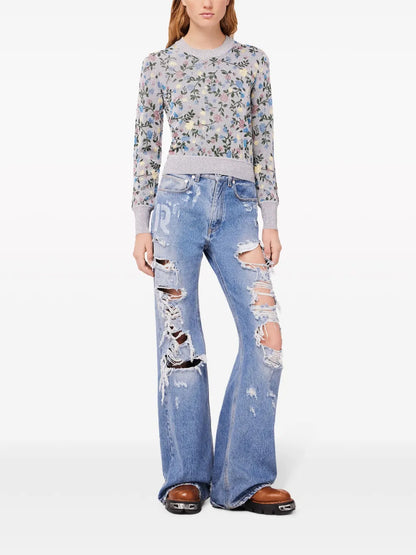 Ripped-Detailing Cotton Wide-Leg Jeans