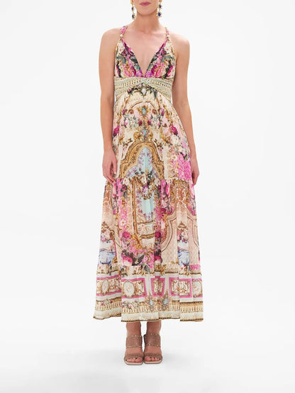 Printed V-Meck Midi Dress