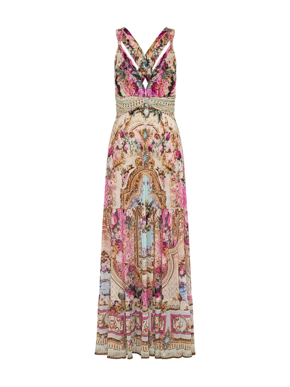 Printed V-Meck Midi Dress