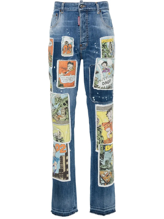 Patch-Detail Straight-Leg Jeans