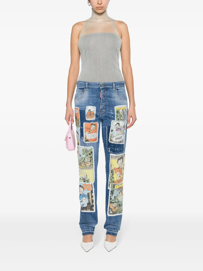 Patch-Detail Straight-Leg Jeans