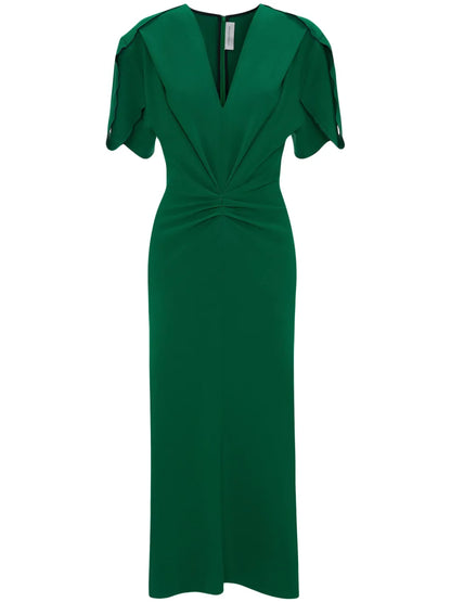 V-Neck Gathered Midi Dress