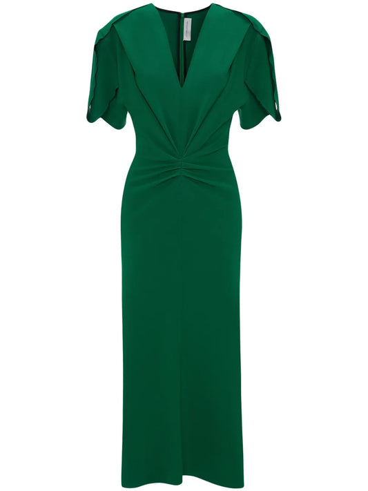 V-Neck Gathered Midi Dress