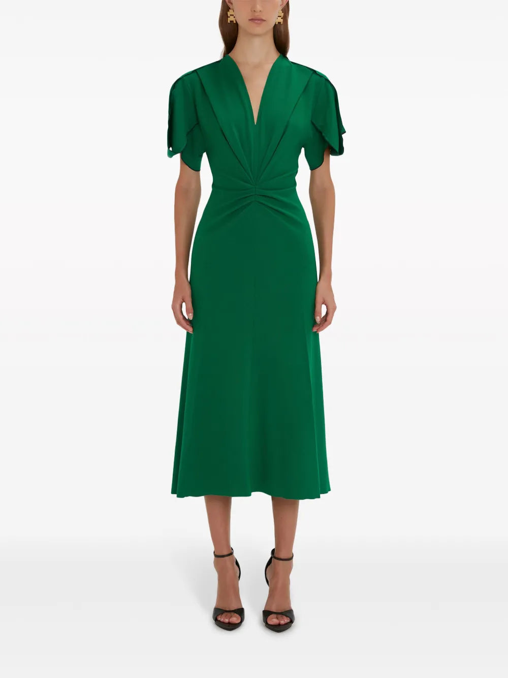 V-Neck Gathered Midi Dress