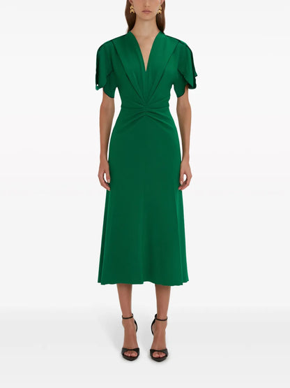 V-Neck Gathered Midi Dress
