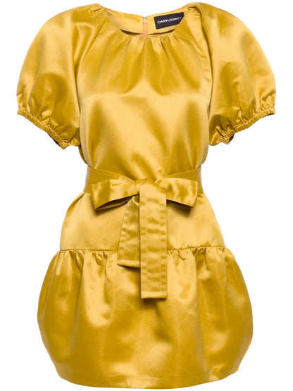 Puff-Sleeve Tulip-Satin Mini Dress
