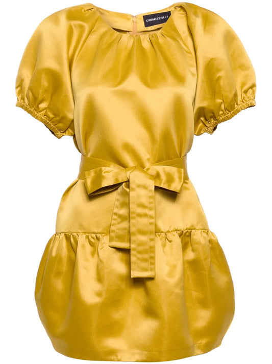Puff-Sleeve Tulip-Satin Mini Dress