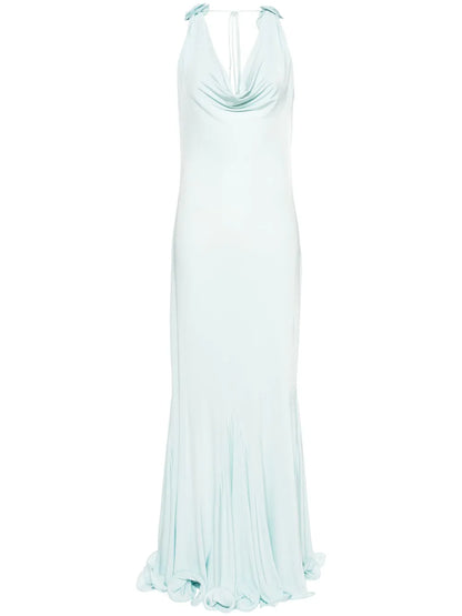 Floral-Appliqué Cowl Maxi Dress