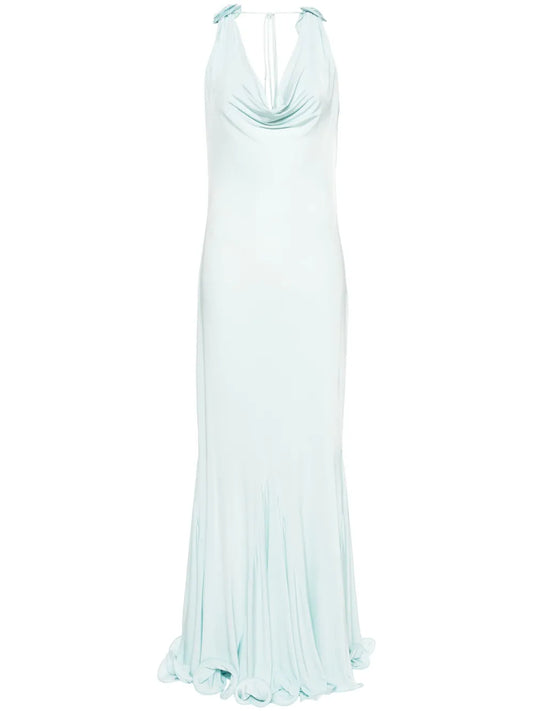 Floral-Appliqué Cowl Maxi Dress