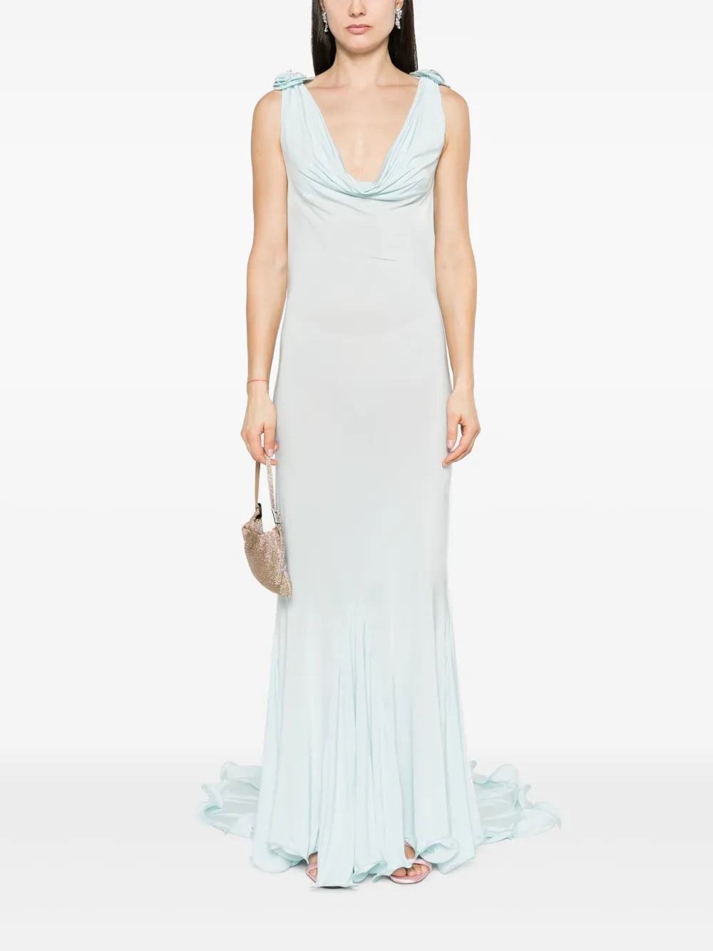 Floral-Appliqué Cowl Maxi Dress