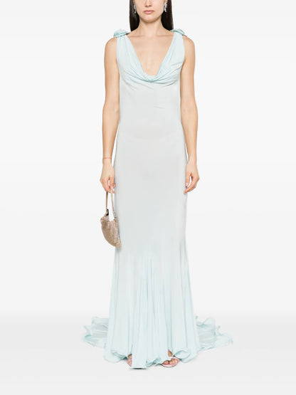 Floral-Appliqué Cowl Maxi Dress