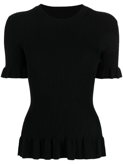 Ruffle-Trim Ribbed Knitted Top