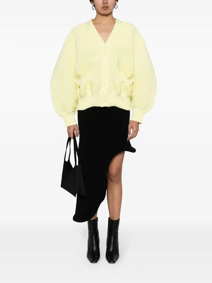 Balloon-Sleeve Ribbed Cardigan