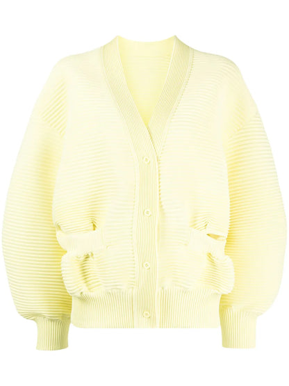 Balloon-Sleeve Ribbed Cardigan