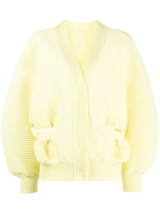 Balloon-Sleeve Ribbed Cardigan