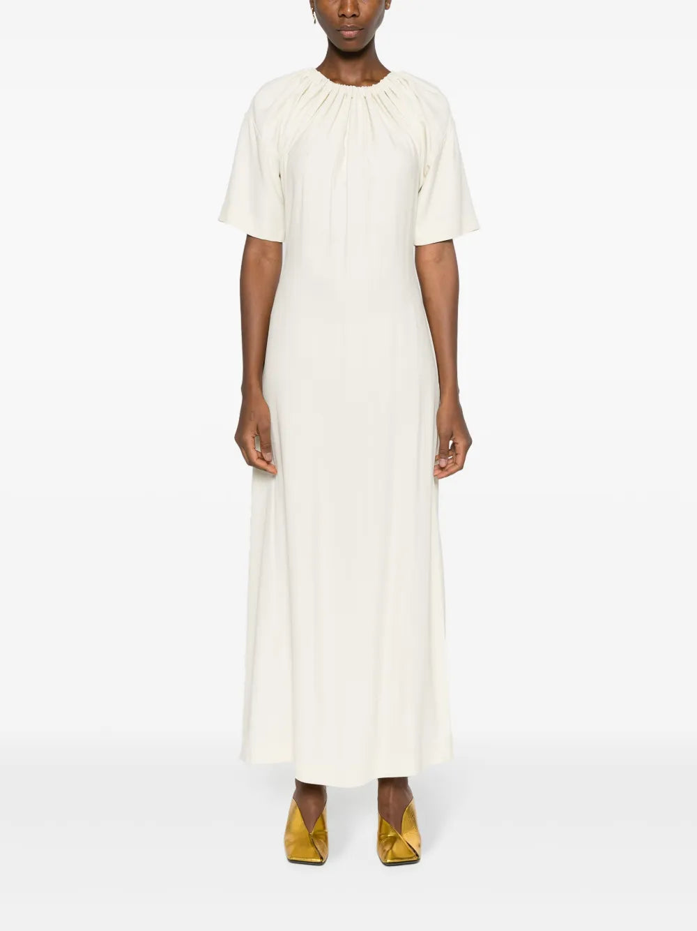 Gathered-Neckline Crepe Maxi Dress