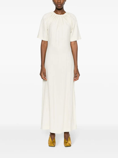 Gathered-Neckline Crepe Maxi Dress