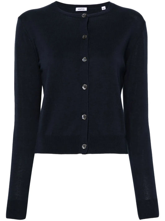 Crew-Neck Fine-Knit Cardigan